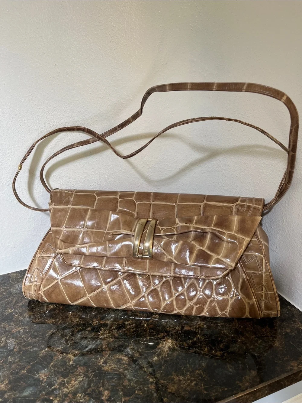 Sharif Croc-Embossed Tan Foldover shoulder bag clutch with Gold Accent